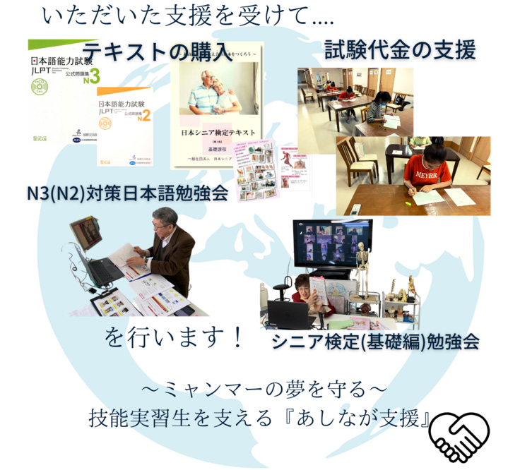 いただいた支援を受けて　テキストの購入・試験代金の支援・N3(N2)対策日本語勉強会・シニア検定(基礎編)勉強会　を行います！